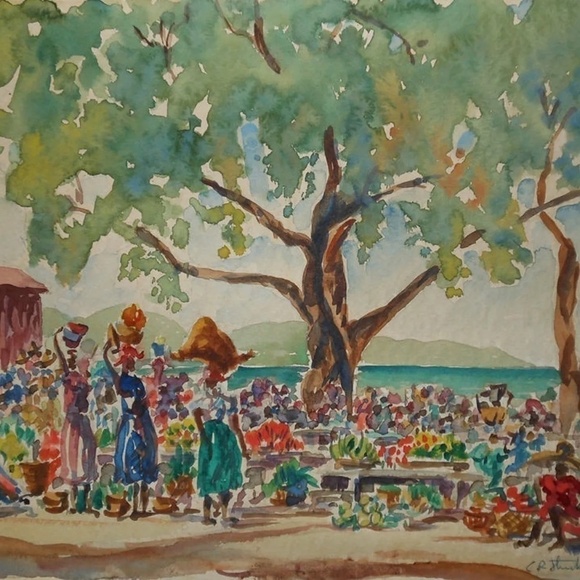 VINTAGE 1950s watercolor of ladies in food picnic area, signed - Picture 2 of 7